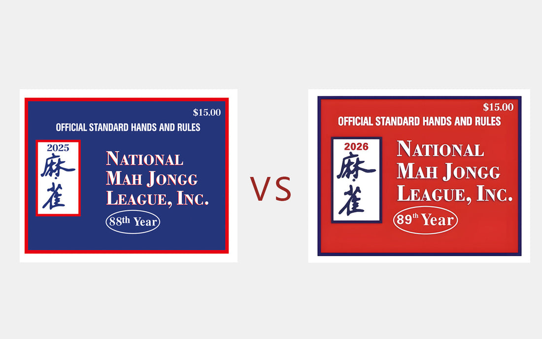 Side-by-side cover comparison of the 2025 and 2026 NMJL Mahjong cards with a VS graphic in the center.