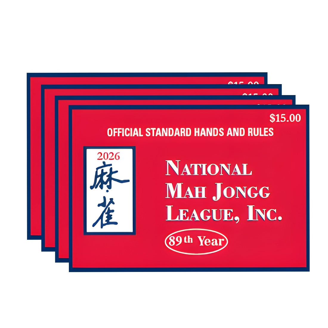 Stacked covers of the 2026 NMJL Mahjong card showing the official Standard Hands and Rules red cover design.