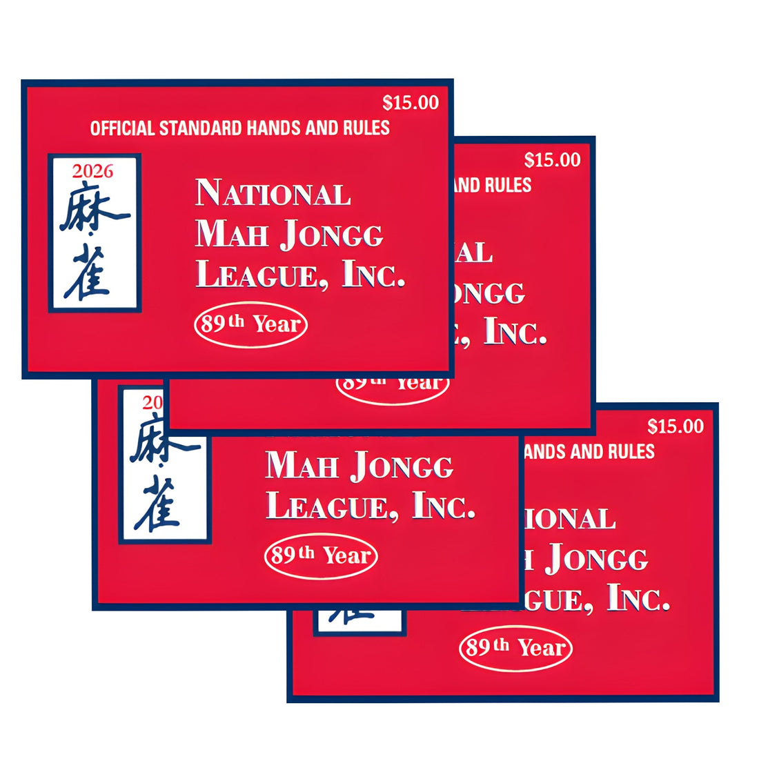 Stacked covers of the 2026 NMJL Mahjong card showing the official Standard Hands and Rules design