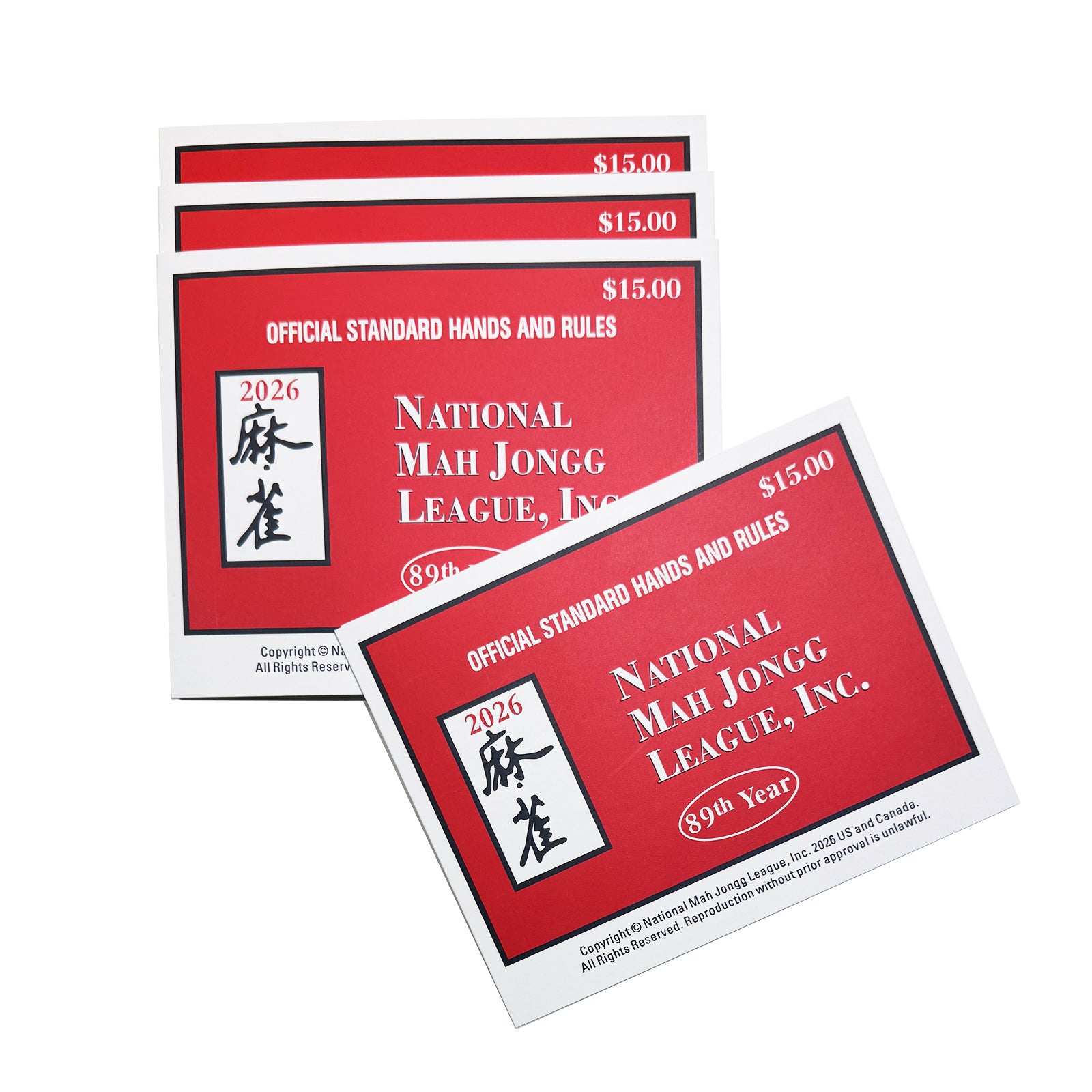 Four 2026 National Mah Jongg League large print cards shown in a layered angled arrangement for American Mahjong play.